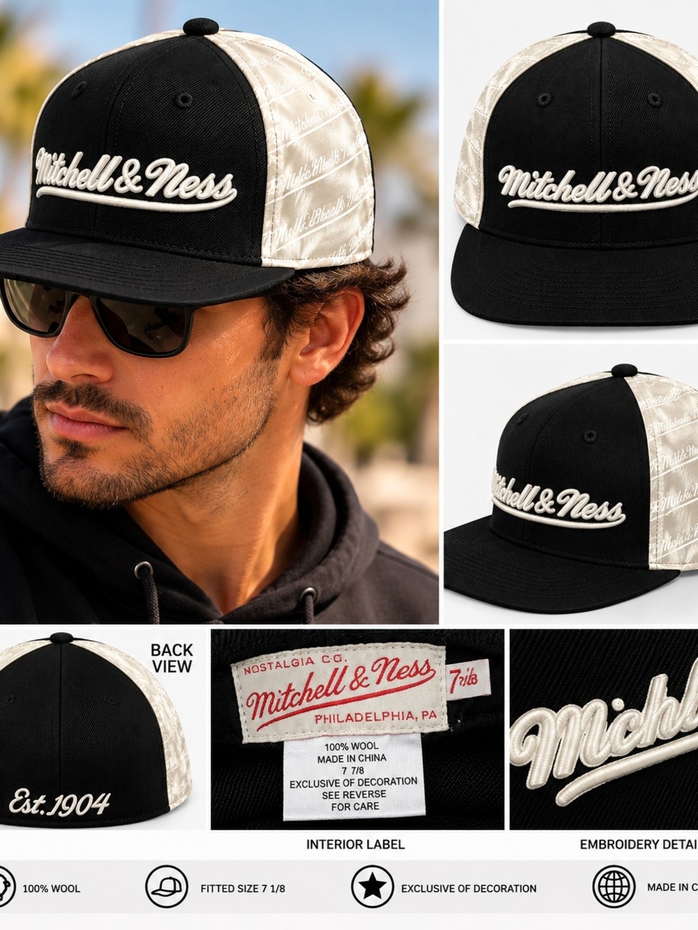 Mitchell & Ness Nostalgia Co Fitted Hat 7 1/8 Black Cream Wool Cap NWT